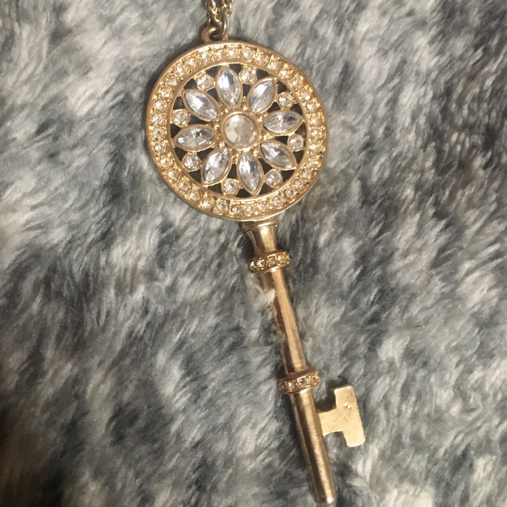 Gold jeweled key necklace with extra long chain